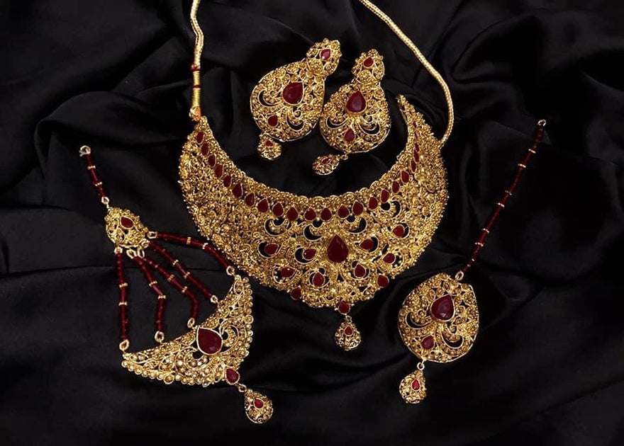 Antique Gold Maroon Bridal Set - Dazzle Accessories