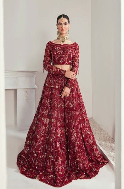 Blood red bridal top lehenga images