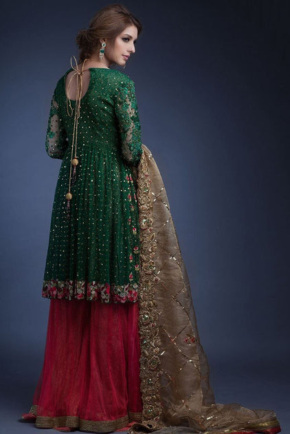 Designer peplum sharara dress in green and pink color B3327