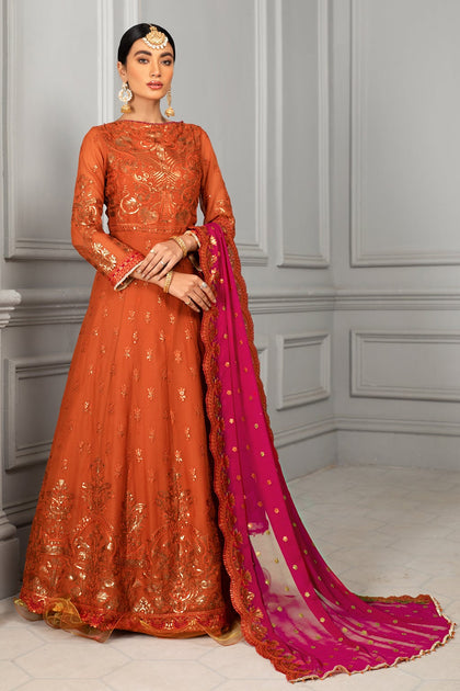 Elegant Maxi Dress Pakistani in Orange Shade Online 2022 Nameera by Farooq