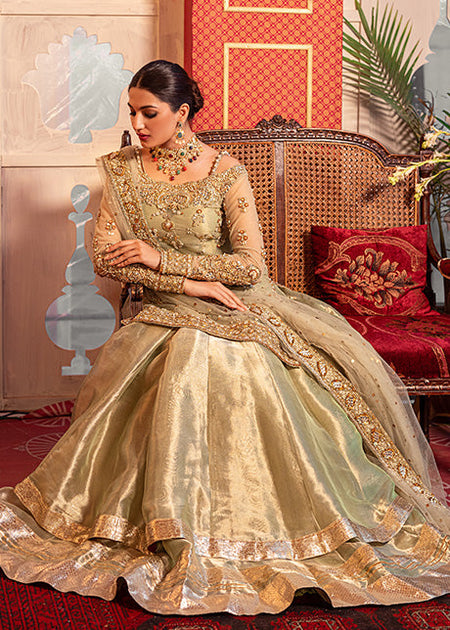 Designer Embellished Golden Nikah Dress in Lehenga Shirt Nameera by Farooq