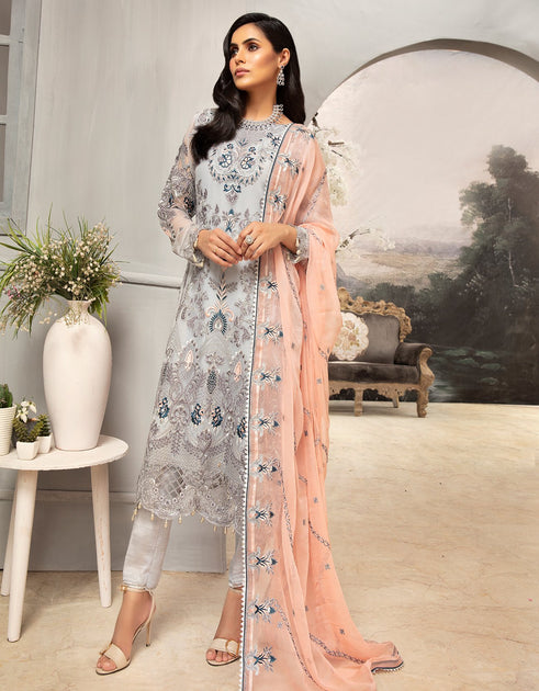 Buy Pakistani Steel Grey Chiffon Dress With Peach Color Nameera by Farooq