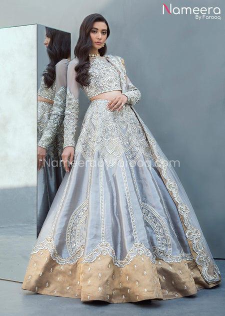 Latest Bridal Grey Saree Pakistani Wedding Dress Online – Nameera