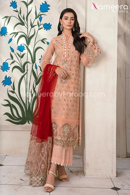 HSY Pakistani Party Wear in Peach Color Latest Online 2021 Nameera by Farooq