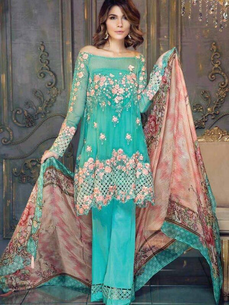 Chiffon dress by ayra from the house of Maria B in aqua green and pink Nameera by Farooq