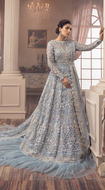 Ice Blue Lehenga Bridal Dress In Gown Style For Walima Wear Nameera By Farooq