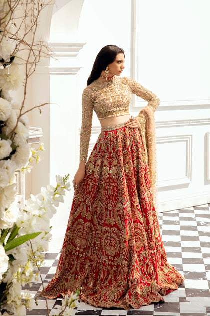 Golden lehenga on sale with red choli