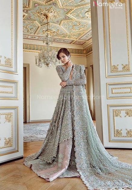 Latest Bridal Grey Saree Pakistani Wedding Dress Online – Nameera by Farooq
