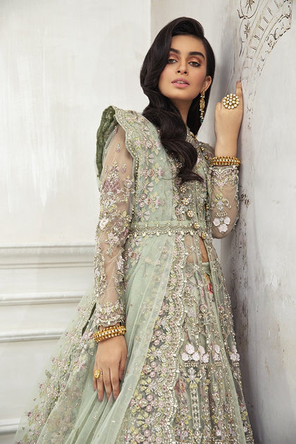 Mint Green Pakistani Dress In Elegant Gown Lehenga Style Nameera By Farooq 4993