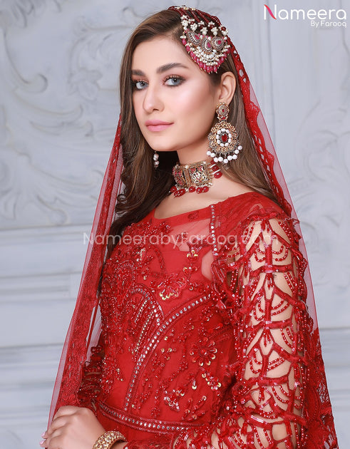 Red net sale dress pakistani