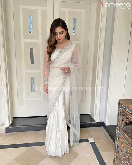 Pakistani Bridal Off White Saree in Net Fabric Online 2021 Nameera by Farooq