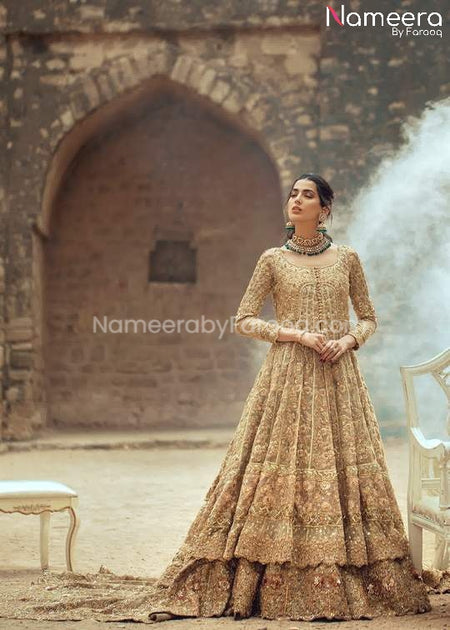 Pakistani Bridal Lehenga with Long Frock in Gold BS61