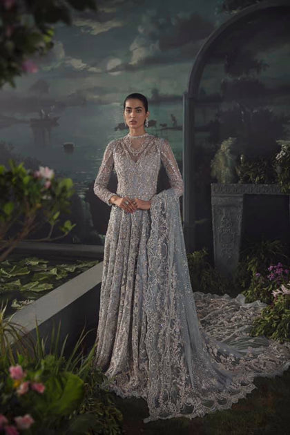 Pakistani Dulhan Dress in Gown Lehenga Designs with Heavy Embroidered Zardozi Work on Net Chiffon Pakistani Bridal Wear BN951