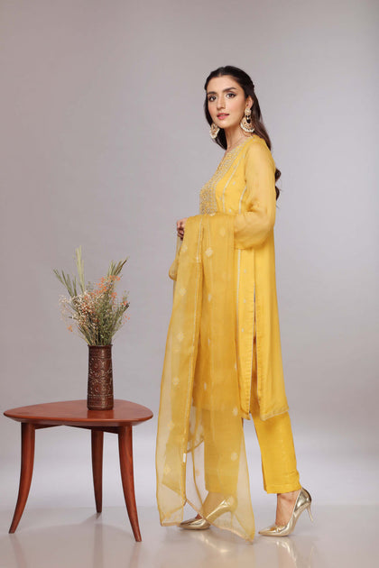 Buy Pakistani Party Dress In Yellow Kameez Trouser Style New York 