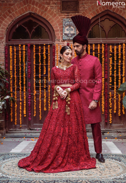 Pakistani Red Maroon Bridal Lehenga for Wedding Wear in Chiffon Nameera by Farooq