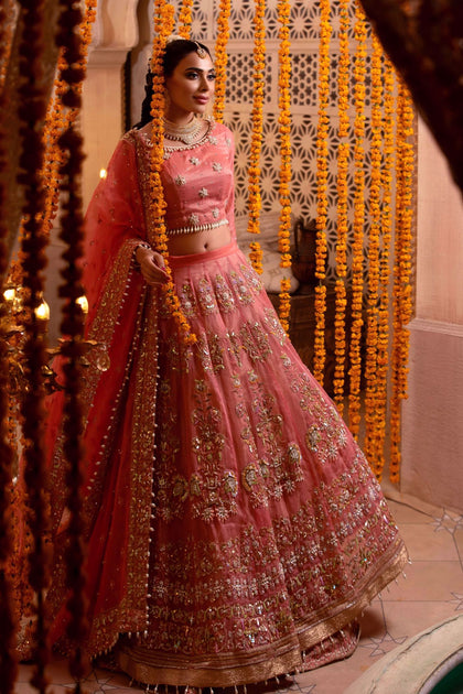 Royal Pakistani Bridal Pink Lehenga Choli Dupatta Dress Nameera by Farooq