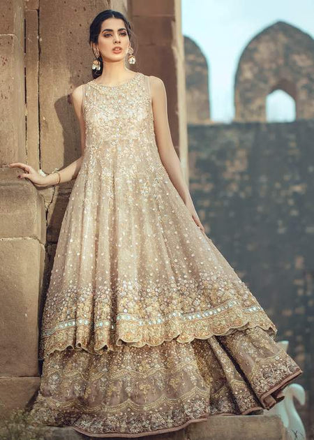 Pakistani Bridal Trail Frock in Ivory Color #C2035