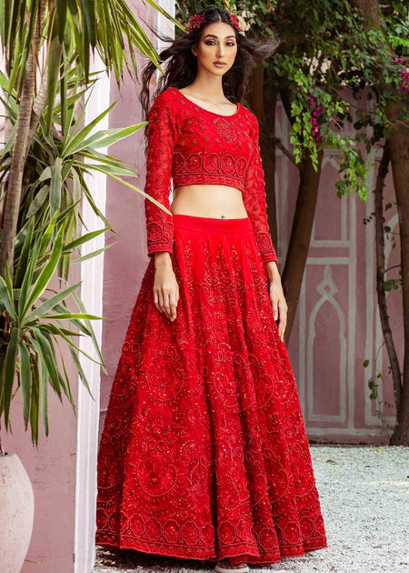 Traditional Choli Dupatta and Red Lehenga for Bride Online Nameera by Farooq