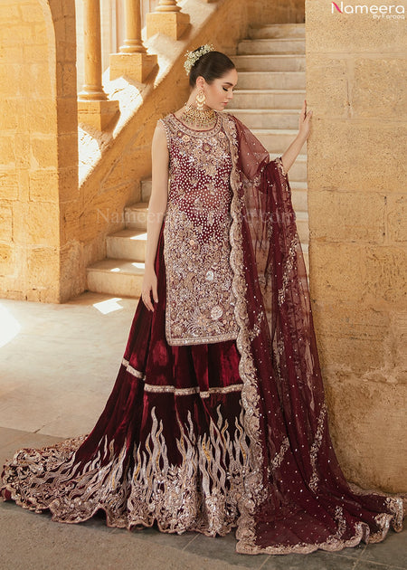 Pakistani Formal Wear - Maroon Velvet Lehenga Blouse