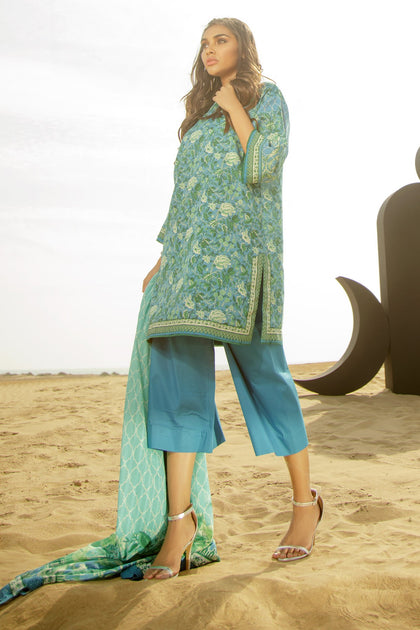 Latest Summer Pakistani casual printed lawn dress in blue color P2505