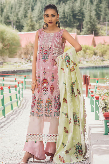 Cotton embroidered dress in light purple and lime color Nameera by Farooq