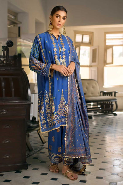 Eid Dresses Pakistani In Royal Blue Color Embroidered Nameera By Farooq 