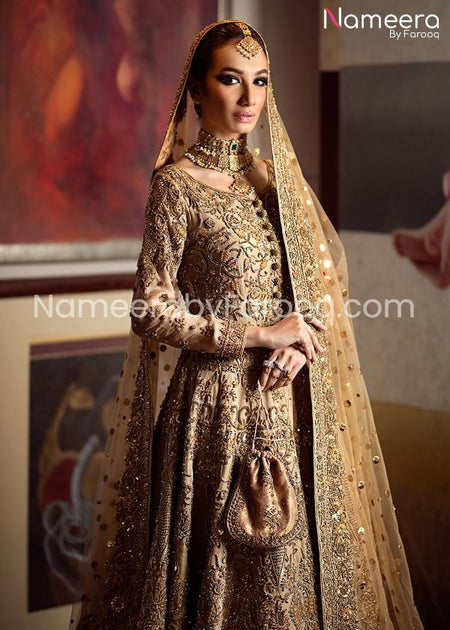 Pakistani Embroidered Golden Bridal Dress In Gown style – Nameera by Farooq