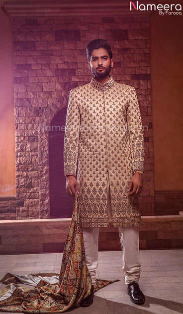 Golden and red sherwani for clearance groom