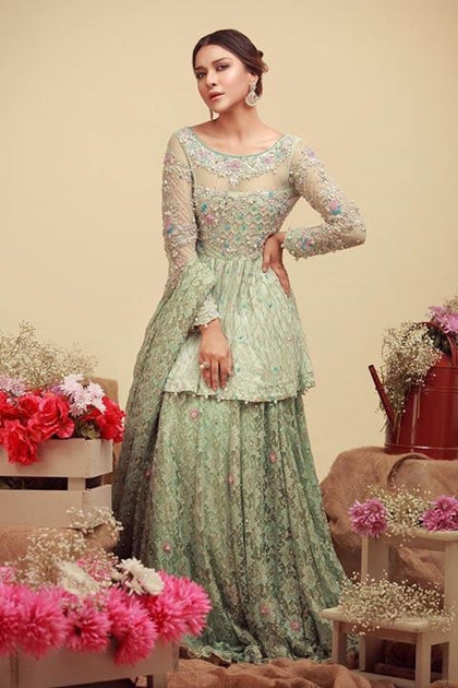 Bridal dress in light mint green color Nameera by Farooq