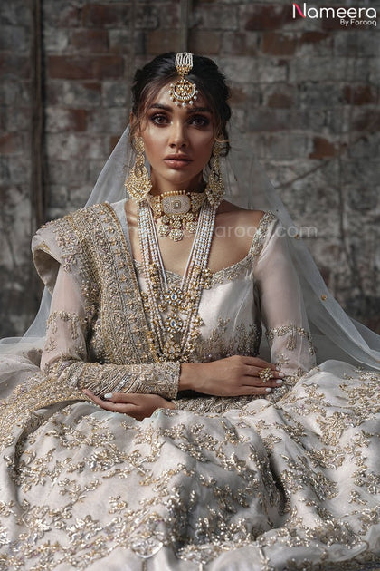 White Pakistani Bridal Dress in Lehenga Gown Style Online – Nameera by  Farooq