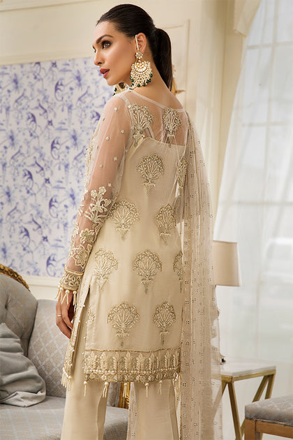 Pakistani designer net embroidered dress in skin color P2327