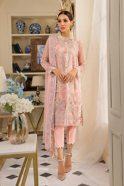 Pakistani organza dress in peach color hand embroidered Nameera by Farooq