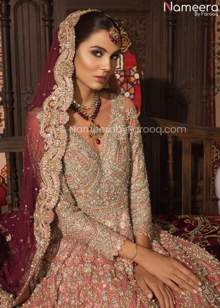 Peach and red wedding on sale lehenga