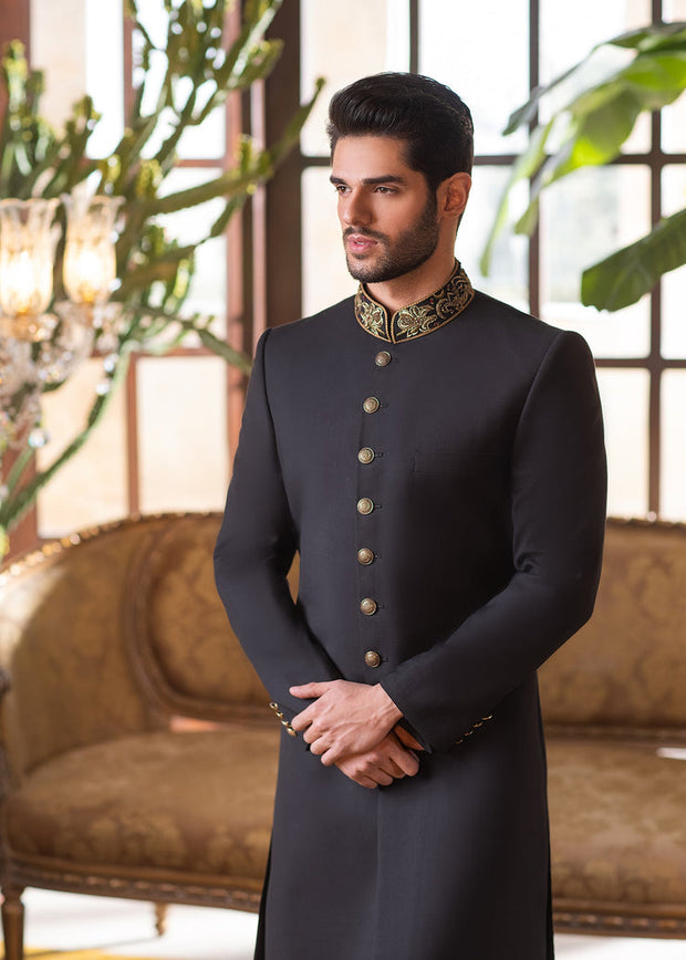 Black Tropical Pakistani Groom Luxury Sherwani with Shawl