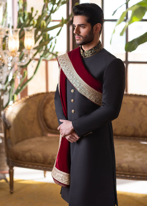 Black Tropical Pakistani Groom Wear Luxury Sherwani Shawl