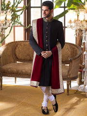 Black Tropical Pakistani Groom Wear Luxury Sherwani with Shawl