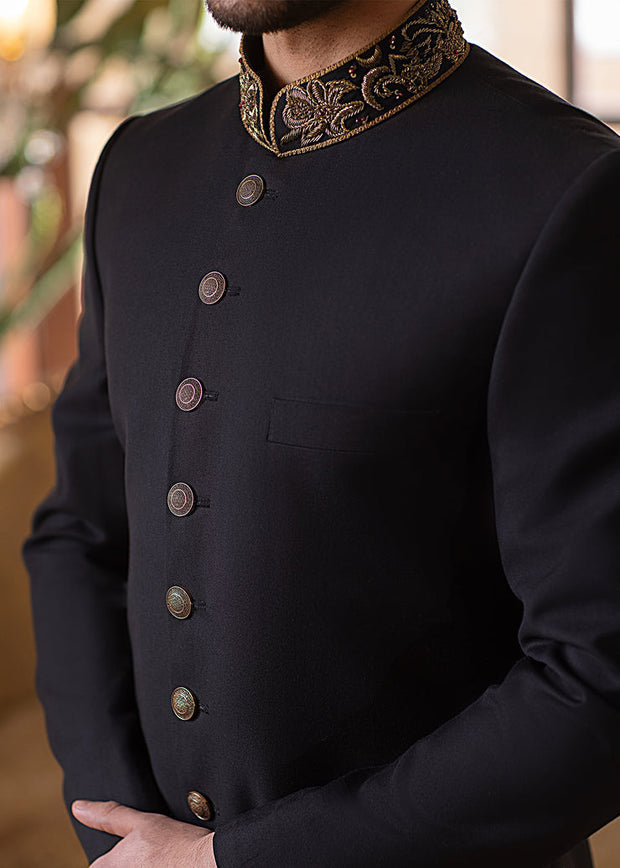 Black Tropical Pakistani Groom Wear Sherwani with Shawl