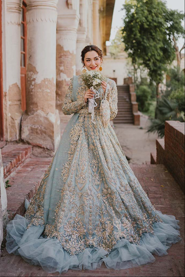 Blue Wedding Lehenga and Pishwas Pakistani Bridal Dress