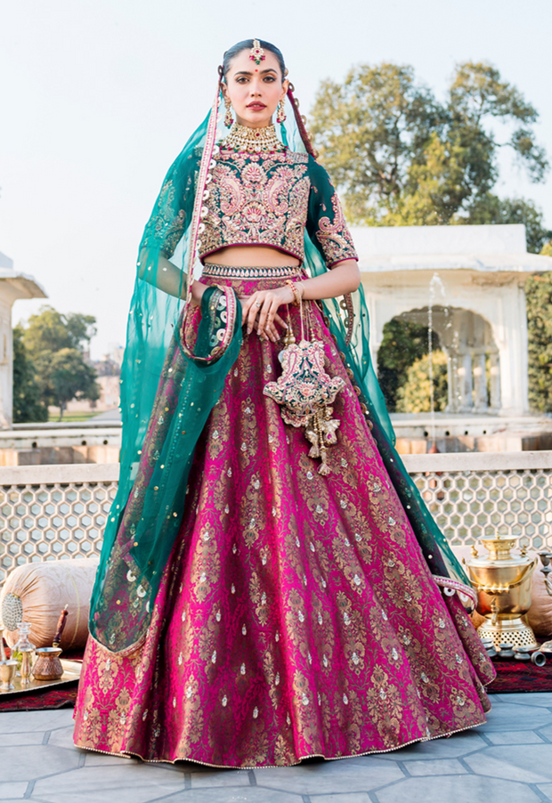 Lehenga Choli - Buy Green And Pink Embroidered Wedding Lehenga Choli