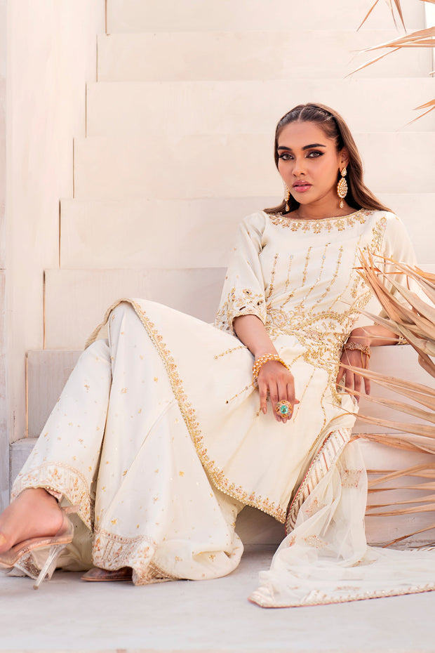 Bright White Pakistani Wedding Embroidered Gharara Frock