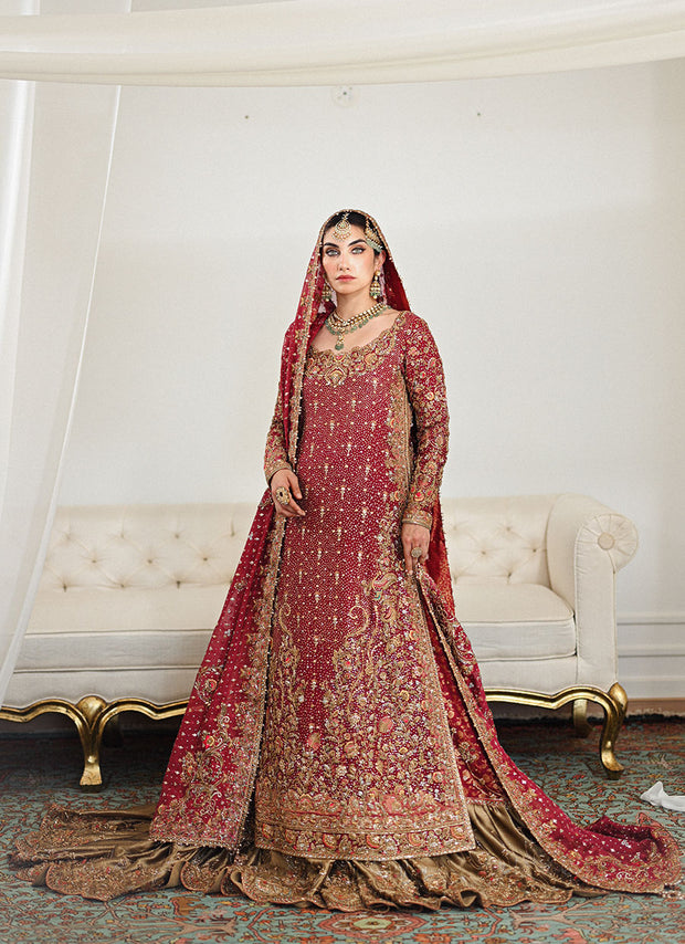 Burgundy Pakistani Bridal Dress in Farshi Lehenga Kameez Style