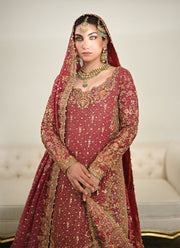 Burgundy Pakistani Bridal Dress in Lehenga and Kameez Style