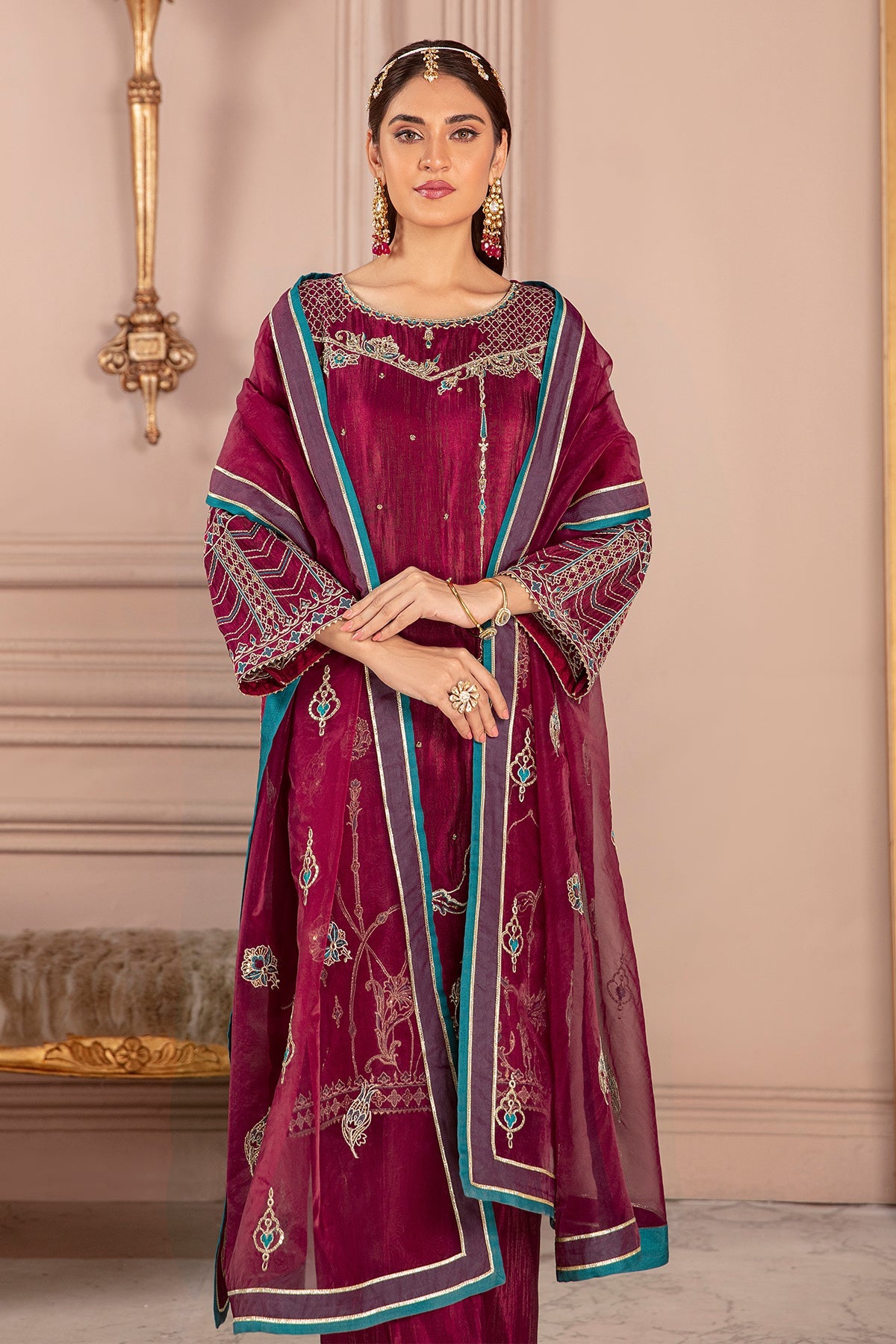 Burgundy Pink Embroidered Pakistani Salwar Kameez Dupatta – Nameera by ...