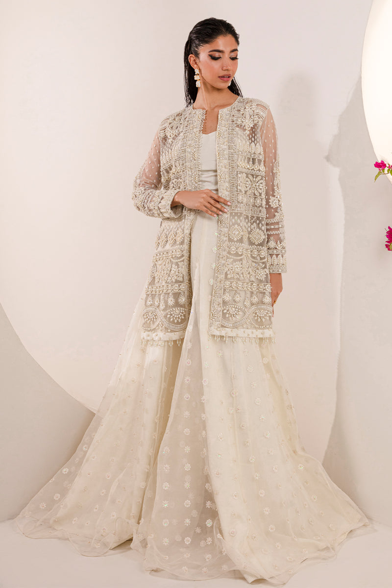 Crystal White Pakistani Wedding Dress in Jacket Style Nameera by Farooq