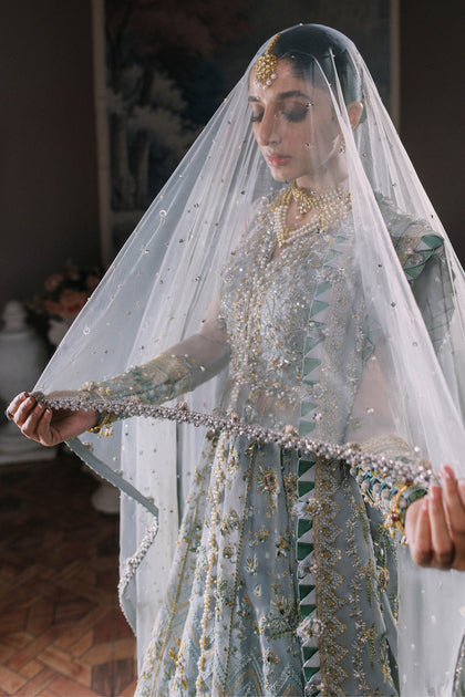 Elegant Ice Blue Pakistani Wedding Dress Gown Pishwas Nameera By Farooq 
