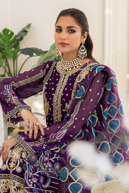 Luxury Purple Embroidered Pakistani Salwar Kameez Suit – Nameera by Farooq