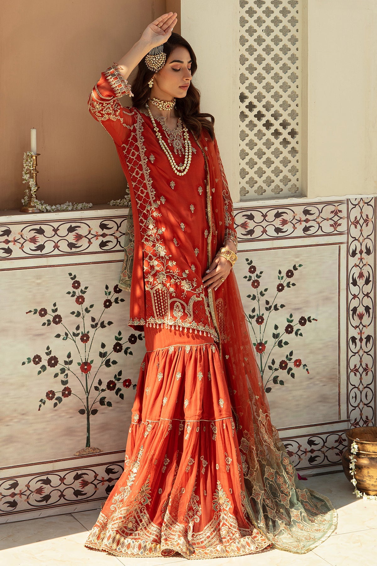 Rust Pakistani Wedding Dress In Kameez Gharara Style Nameera By Farooq