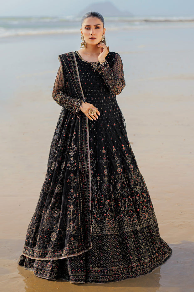 Classic Black Floral Maxi Frock Pakistani Wedding Dress with floral Dupatta