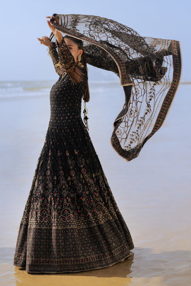 Classic Black Maxi Frock Pakistani Wedding Dress with floral Dupatta