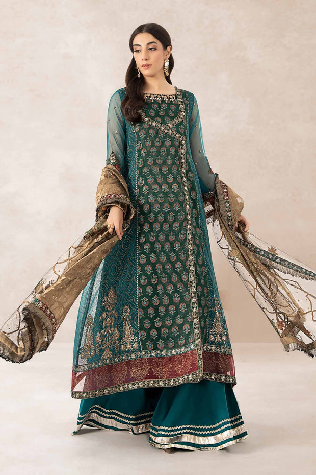 Classic Blue Embroidered Pakistani Party Wear Anghrakha Frock